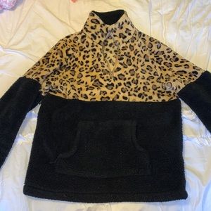 Cheetah and black fuzzy quarter zip
